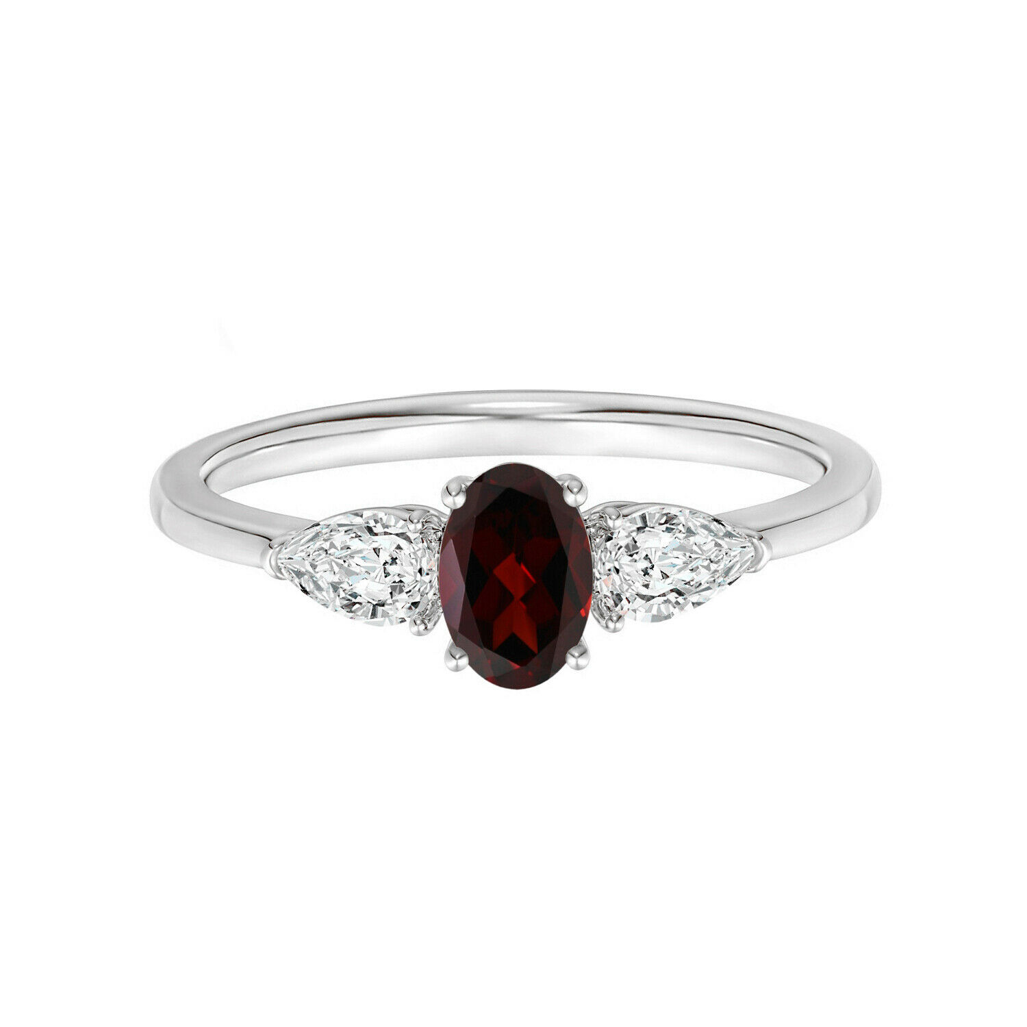 Three Stone Ring!! 925 Sterling Silver Oval Red Garnet Solitaire Sparkle Women Promise Ring
